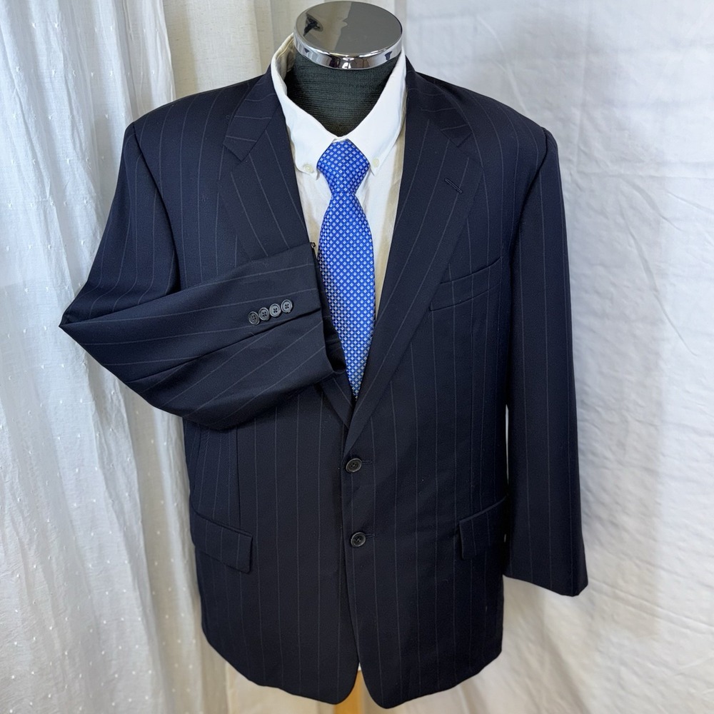 Hickey Freeman Loro Piana Tasmanian Wool 120s Blazer Dark Navy Pinstriped 44R